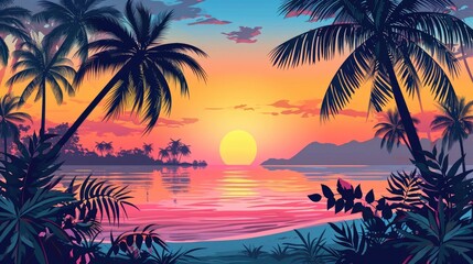 Fototapeta na wymiar A breathtaking sunset illuminates the tropical beach, casting a golden glow over the outdoor paradise of palm trees, crystal clear water, and lush arecales and elaeis plants
