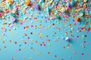 Naklejka premium Colorful confetti on a blue background, perfect for festive, celebratory, and party-themed designs.