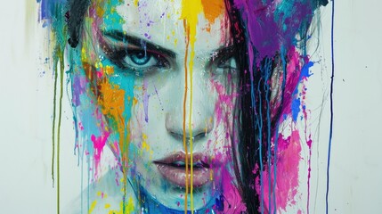 A mesmerizing portrait of a woman embracing her inner creativity as vibrant colors cascade down her face in a modern masterpiece