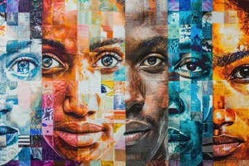A vibrant mosaic of diverse human faces, skillfully captured through a mix of art forms including painting, drawing, and street art, evoking a sense of modernity and unity with bold strokes of acryli