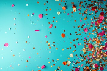 Vibrant confetti scattered on a bright turquoise backdrop, perfect for celebrations and festive designs. 