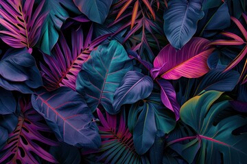 Lush tropical foliage in deep blue and pink tones, perfect for sophisticated botanical themes and backgrounds.