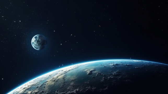 Photorealistic image of the Earth and Moon in space with space for text. Scientific space exploration. Generative AI