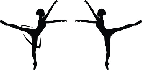 beautiful ballerina girl standing en pointe - black and white vector silhouette set of classical ballet performance