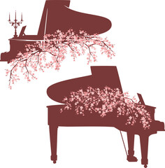 grand piano for outdoors classical music concert decorated with sakura tree pink flower blossom vector design set