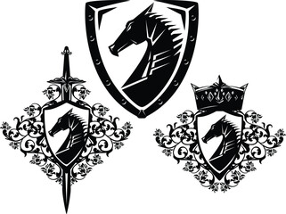 dragon head inside heraldic shield with sword blade and king crown - black and white medieval style vector coat of arms set