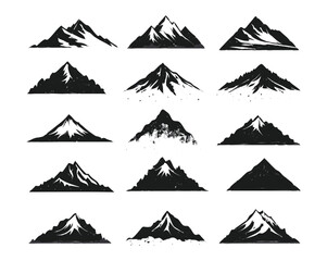 Silhouette mountain set with grunge textures vector template. Mountains and Hills icon collection for logo, adventure, stickers, and prints.