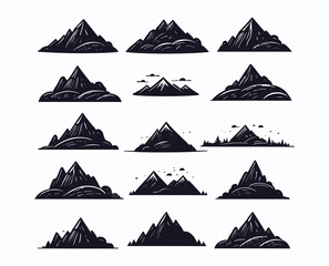 Silhouette mountain set with grunge textures vector template. Mountains and Hills icon collection for logo, adventure, stickers, and prints.