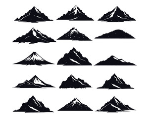 Silhouette mountain set with grunge textures vector template. Mountains and Hills icon collection for logo, adventure, stickers, and prints. - obrazy, fototapety, plakaty