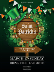 saint patrick's day poster with green hat, pennants and wooden signboard.  st. patrick's day party background - obrazy, fototapety, plakaty