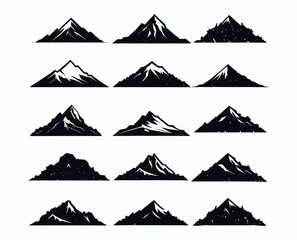 Silhouette mountain set with grunge textures vector template. Mountains and Hills icon collection for logo, adventure, stickers, and prints.