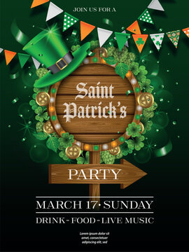 saint patrick's day poster with green hat, pennants and wooden signboard.  st. patrick's day party background