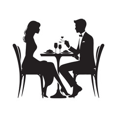 Enchanting Valentine Dinner Scene: Silhouette of a Couple in a Romantic Dining Setting, Ideal for Stock - Valentine Vector - Couple Dinner Vector Stock
