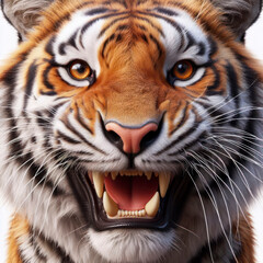 photorealistic mid portrait of a tiger with a big teeth smile and huge eyes on a white background. ai generative
