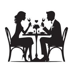 Elegant Valentine Dinner Silhouette: A Couple Engaged in a Graceful Dining Experience, Ideal for Stock Images - Valentine Vector - Couple Dinner Vector Stock

