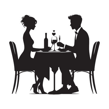 Romantic Valentine Dinner Silhouette: Couple Dining in a Cozy Atmosphere - Couple Dinner Vector Stock
