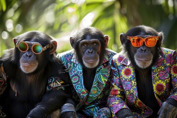 A wild bunch of stylish simians, donning vibrant suits and shades, showcase their playful primate personalities in the great outdoors - obrazy, fototapety, plakaty