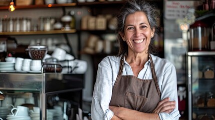 A joyful lady stands in her cozy kitchen, adorned in a warm brown apron as she smiles with delight while browsing the shelves of her favorite store for the perfect coffee and food to share with loved - obrazy, fototapety, plakaty