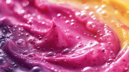 Fresh smoothie texture with berries and fruits. Close up top view of healthy shake background, banner