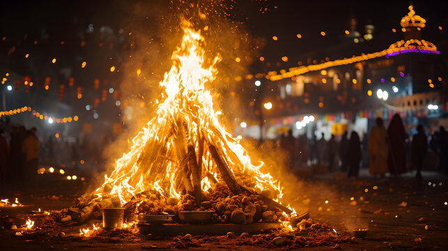 Night before Holi, Holika Dahan or Choti Holi or the festival of bonfires, an important Hindu festival. Generative AI