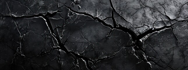 Textured black cracked surface, perfect for backgrounds in edgy, industrial design or to convey concepts of breakage and resilience. - obrazy, fototapety, plakaty