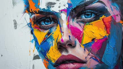 An alluring woman's face, brought to life through the vibrant strokes of a modern street art painting, capturing the essence of visual arts and showcasing the raw power of acrylic paint