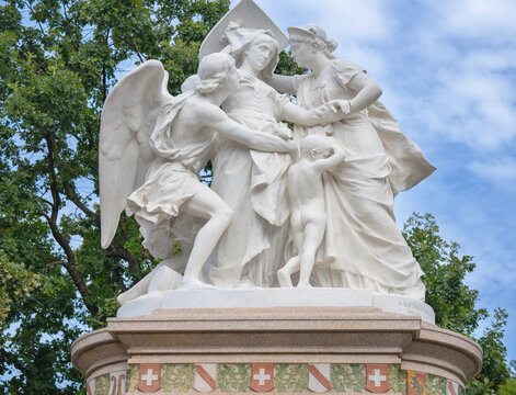 Close shot of upper part of historic monument from 19th century in Basel: Strassburger memorial.