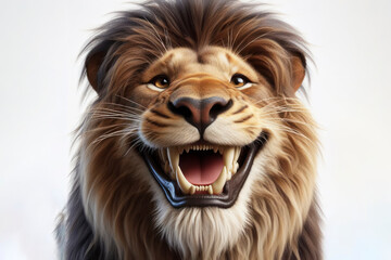 photorealistic mid portrait of a lion with a big teeth smile and huge eyes on a white background. ai generative