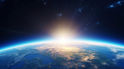 Fototapeta premium A photorealistic view of the Earth from space with sunlight. Scientific astronomy. Generative AI