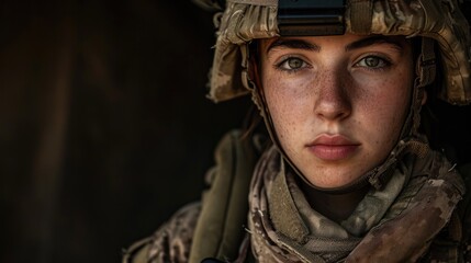 Fototapeta premium A fierce and determined woman stands tall in her military uniform, her human face a portrait of strength and resilience as she confidently dons her clothing, ready for whatever challenges may come he