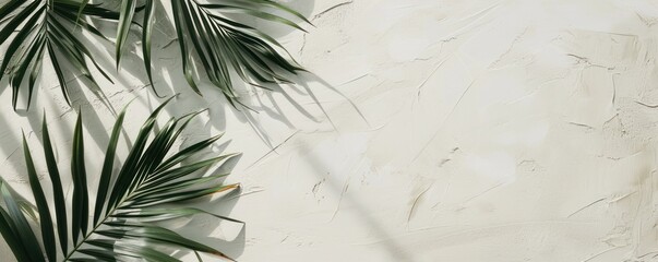 
a set of palm leaves on a white beach surface - obrazy, fototapety, plakaty