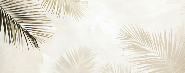 
a set of palm leaves on a white beach surface - obrazy, fototapety, plakaty