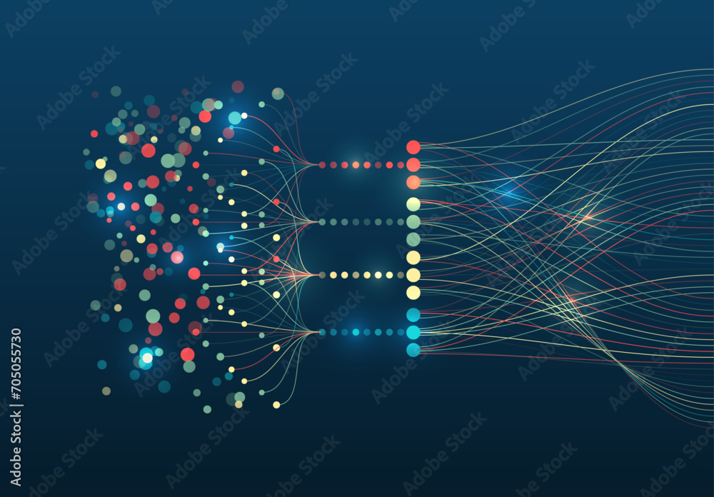 Poster Data set analysis and visualization. Abstract business analytics. An array of information in the form of waves. Large data stream on a dark background, glowing lines and circles.