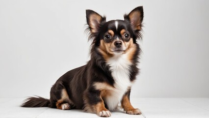 Fototapeta premium Chocolate long coat chihuahua dog on grey background