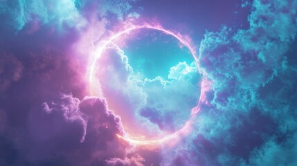 Surreal portal in the sky surrounded by vibrant clouds, ideal for sci-fi or fantasy themes. - obrazy, fototapety, plakaty