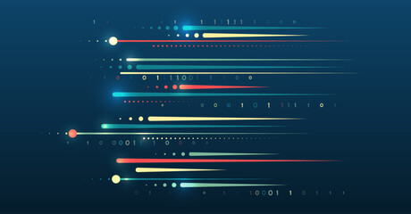 Large data stream on a dark background, glowing lines. Data set analysis and visualization. Abstract business analytics.  An array of information in the form of luminous stripes and particles.