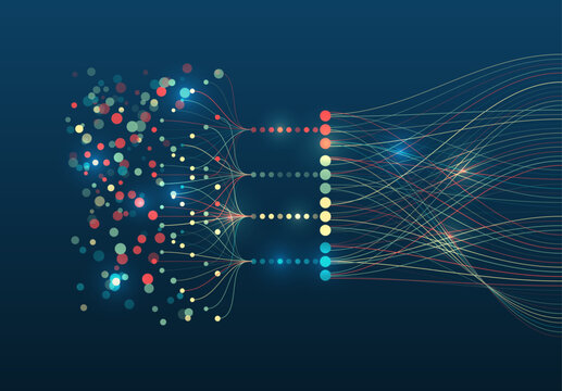 Data set analysis and visualization. Abstract business analytics. An array of information in the form of waves. Large data stream on a dark background, glowing lines and circles.
