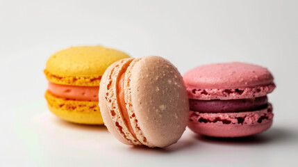 Fototapeta premium Colourful macarons isolated on white background. French cuisine, macaroon bakery concept