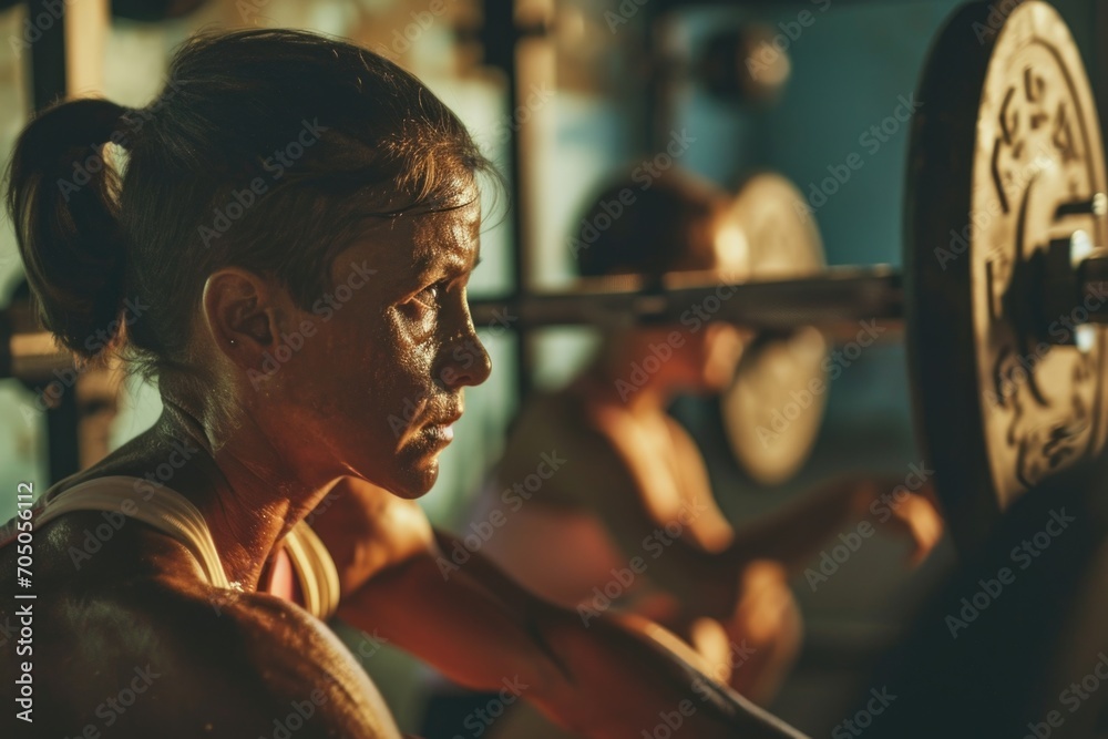 Poster a woman performing a squat exercise with a barbell in a gym. suitable for fitness and exercise-relat