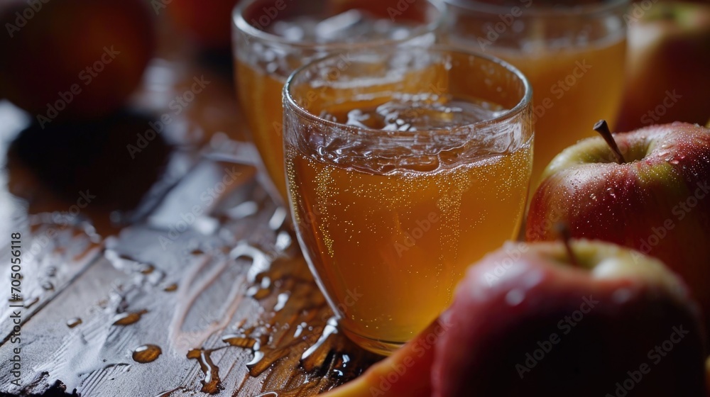 Poster A glass of refreshing orange juice placed next to a vibrant assortment of apples. Perfect for promoting a healthy lifestyle and adding a pop of color to any project