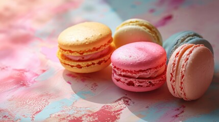Fototapeta premium Colourful macarons sweet dessert on pastel background. French cuisine, macaroon bakery concept