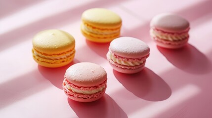 Fototapeta premium Colourful macarons sweet dessert on pastel background. French cuisine, macaroon bakery concept