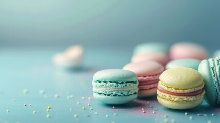 Colourful macarons sweet dessert on pastel background with free place for text. French cuisine, macaroon bakery concept
