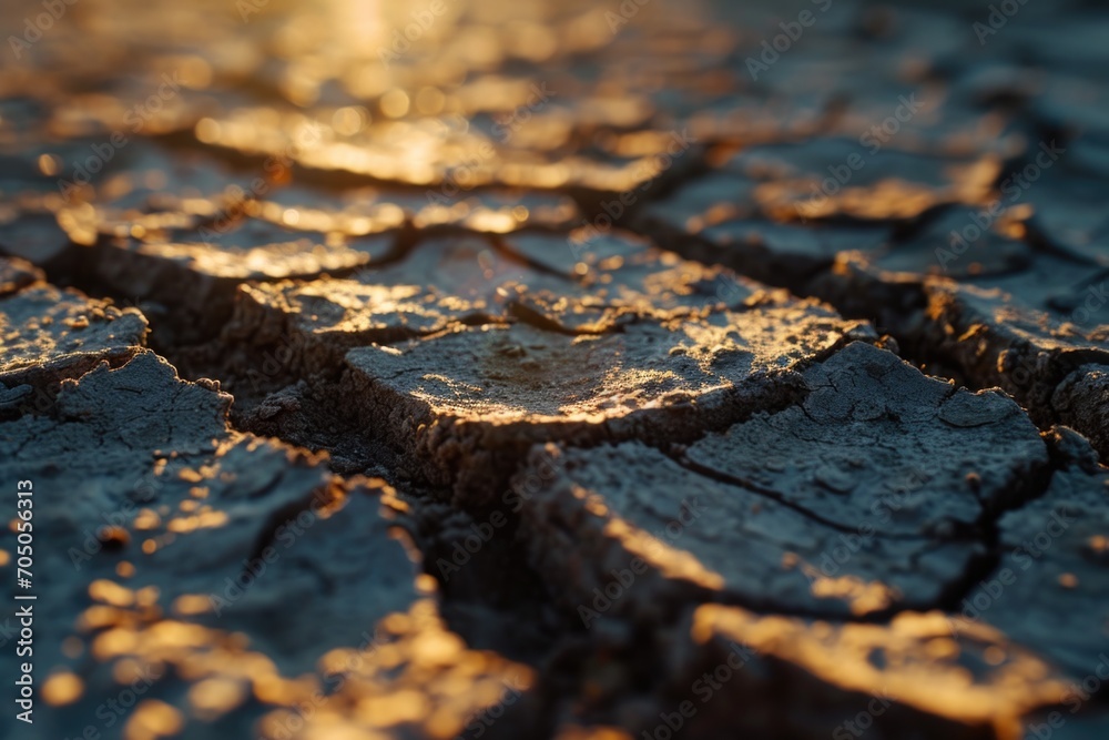 Aufkleber a close-up view of a cracked ground with the sun shining in the background. suitable for various use