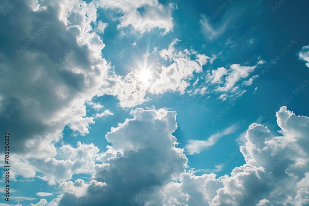 Poster sun shining through the clouds in the blue sky. perfect for nature and weather-related designs