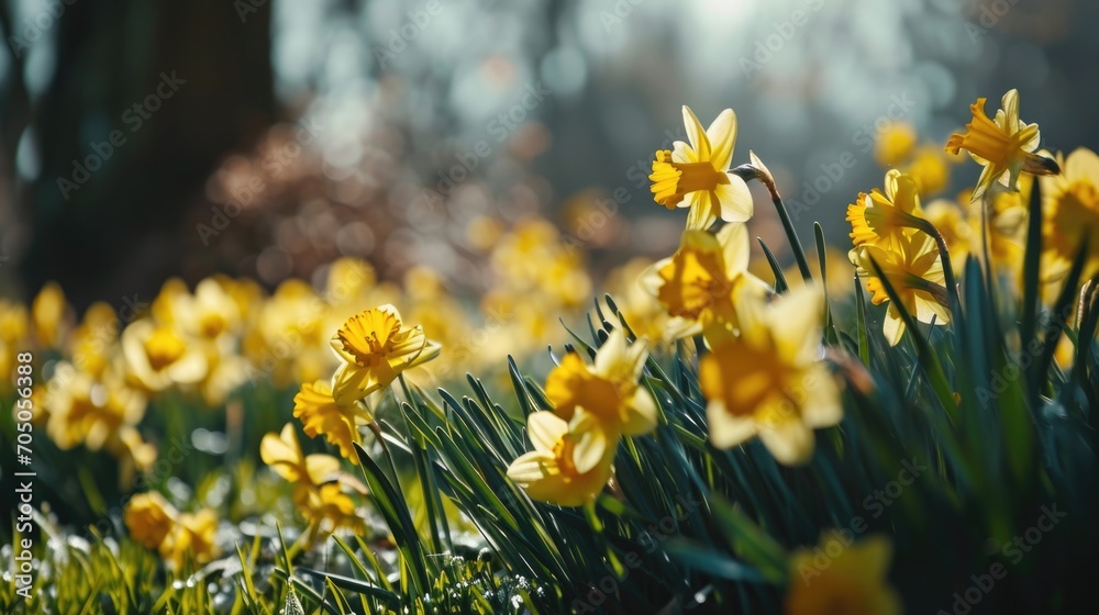 Poster a beautiful field of yellow daffodils on a sunny day. perfect for springtime designs and nature-them