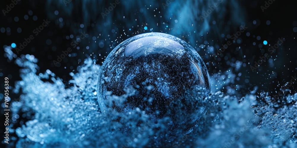 Poster a detailed close-up image of a single water droplet on a black background. this image can be used fo