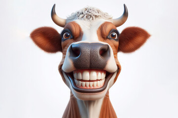 photorealistic portrait of a cow with a big teeth smile and huge eyes on a white background. ai generative - obrazy, fototapety, plakaty