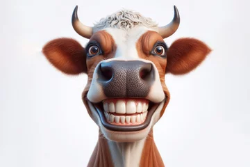 Foto op Plexiglas photorealistic portrait of a cow with a big teeth smile and huge eyes on a white background. ai generative © Igor