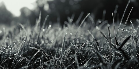 A black and white photo capturing the beauty of dew-covered grass. Perfect for nature enthusiasts...